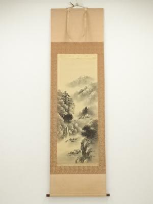 渓舟筆　水墨山水　肉筆絹本掛軸（共箱）